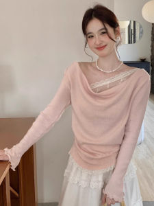 Áo Thun Nữ Tay Dài Ôm Vừa Vặn Kiểu Hàn Quốc Cổ Chữ V Ren Một Bên Vai Mùa Thu Chất Liệu Polyester Áo Thun Thường Ngày