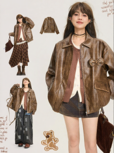 KEIKO | Autumn Distressed Chic American Style Bow Detail Leather Jacket
