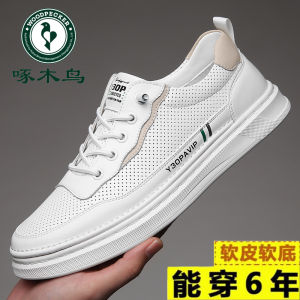 Woodpecker Mens Shoes 2024 New Summer Casual White Leather Breathable Mens Shoes Fashionable Youth Trend Flat Rubber Sole