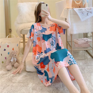 Summer Thin Short Sleeve Cartoon Print Sleepwear Loose Cotton Silk Home Clothes for Women Comfortable Breathable Artificial Cotton Nightgown