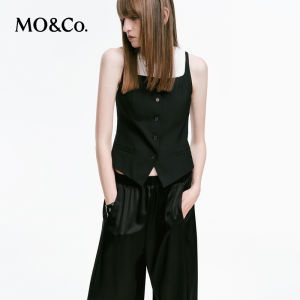 MO&Co. | New Collection Wide Collar Waist Cinched Black Patchwork Vest