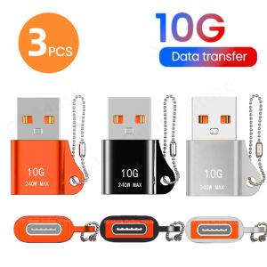 3Pcs 240W 10G USB OTG To Type C Data Transfer Adapter Type C Female to USB Male Converter Fast Charging Adapter for Macbook Laptop Samsung with Keychain Chain