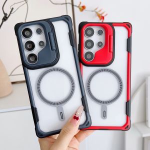 Shockproof Armor Clear Magnetic Case For Samsung Galaxy S25 Edge S24 Ultra Plus For Magsafe Fold Lens Stand Protection Cover