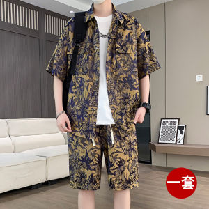 Ice Silk Loose Fit Short Sleeve Shirt And Floral Shorts Mens Summer Casual Sportswear Two-Piece Set Lightweight Breathable