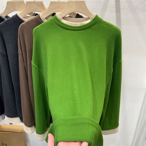 Green Patchwork Fake Two-Piece Double-Sided Brushed Dralon T-shirt Female 2024 Fall and Winter New Arrival Loose Bottoming Shirt Tops Tide
