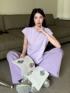 Casual round Neck Short Sleeve T-Shirt And Pants Two-Piece Set in Purple for Women Summer Commute Slimming Effect