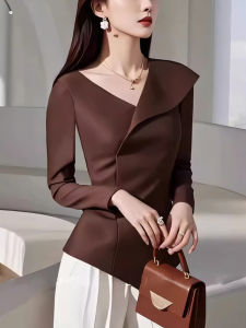 Elegant Long Sleeve Satin Shirt Womens Fashion High Waist V-Neck Coffee Color Shirt Design Sensation Autumn Style Beauty