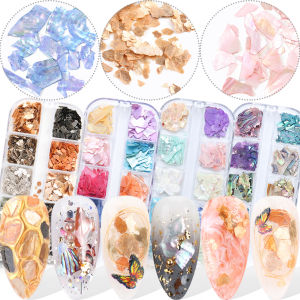 ไม่สม่ําเสมอ Abalone Shell Rhinestone ธรรมชาติ 3D Gradient Broken Shell Flakes หินอ่อนหิน Mica Slice อัญมณีตกแต่งเล็บพูด