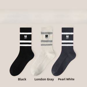 Miiow | Mens Mid-Calf Cotton Socks Breathable No-Cuff Spring Autumn Summer Sports Absorbent Anti-Odor Striped Long Socks Catman