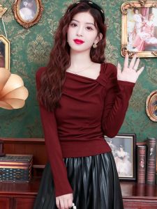 Ankang Red Shoulder Bared Long Sleeve Womens T-shirt Slim Fit Short Style Base Layer Shirt Casual Style Pure Color Autumn Wear