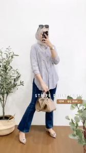 Kemeja Wanita Blouse Salur Rayon Premium krah Shanghai Lengan 7/8-stripe  Oversized/ Kantor / kerja