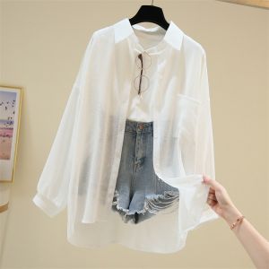 Womens Summer Thin Outerwear Long Sleeve Chiffon Loose Fit Shirt Korean Style Versatile Cardigan Sun Protection Clothing