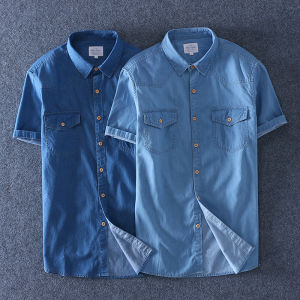 Fashion Brand Full Cotton Casual Half Sleeve Double Pocket Denim Shirt