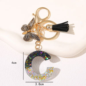 Men and Women Resin Letter Keychain with Black Butterfly and Tassel Charm Sequin Monogram Hanging- Personalized Anniversary Gift