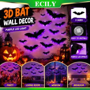 【Ready Stock】 2026 Creative LED Bat Night Light 3D Bat Decorative Light Purple Bat Wall Sticker Decor Halloween Home Decorations Holiday Gifts