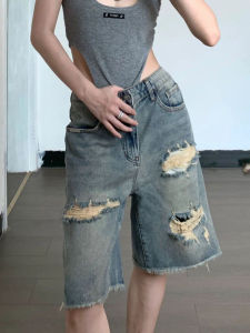 Y2K American Retro High Street Hip Hop Loose Straight Cut Shorts Womens Five-Point Pants Style Mid-Calf Shorts with Hole