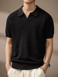Mens Linen Check Texture Knit Short Sleeve V-neck T-shirt