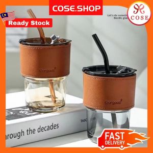 COSE 450ml Heat Resistant Glass Straw Cup Cold Coffee Cup with Lid Water Milk Tea Cup Water Mugs Travel Mug 咖啡杯玻璃杯吸管