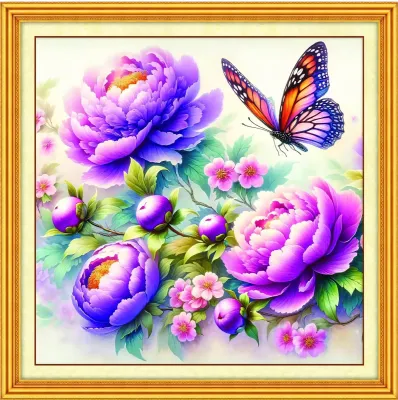 Tranh thêu kín Hoa mẫu đơn hồ điệp VS8900 kích thước 50x 50 cm