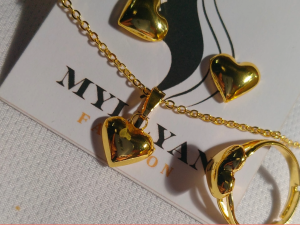 14K Thailand Gold Heart Jewelry Set - Non-Tarnish Necklace Ring & Earrings for Women | Elegant Gift Idea