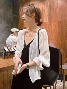 เสื้อคลุมกันแดดผ้าชีฟองสไตล์ย้อนยุคสำหรับผู้หญิงในฤดูร้อน เสื้อคลุมกันแดดผ้าโปร่งบาง เสื้อคลุมกันแดดแบบสวมแขนยาว ทรงหลวม ปกโปโล