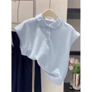 French Hong Kong Style Polo Collar Short Sleeve T-Shirt Women Summer Slim Fit Fashionable Youthful Fly Sleeve Top Trendy
