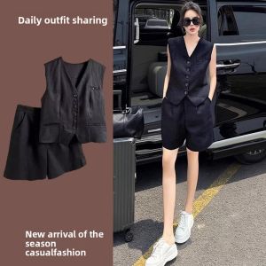 LIANGYILAILIN | Elegant Vintage Style Vest and Casual Shorts Set