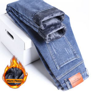 2025 Winter Fleece Jeans Mens Fashion Elastic Slim Straight Warm Trousers Thicken Business Casual Korean Thermal Denim Pants