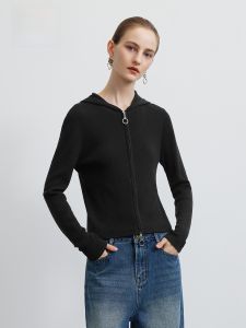 HR | HR Helena 100% Wool Long Sleeve Slim Fit Hoodie Knitted Sweater Early Autumn Texture Stripes Base Layer Open Cardigan Top