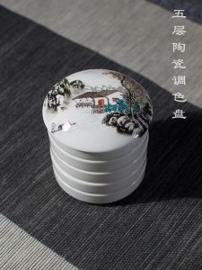 Jingdezhen Ceramic Color Palette with Lid Deep Five Layers Easy to Clean Watercolor Paint Mixing Dish Traditional Chinese Style