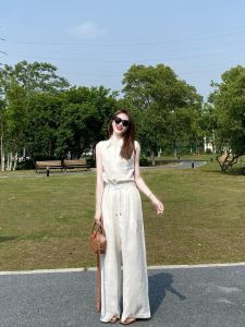 VKSOD | Summer 2025 French Elegant Old Money Style Polo Neck Sleeveless Shirt Top Casual Pants Two Piece Set Buttoning Long Sleeve Shirt