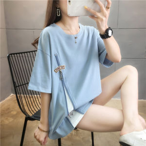 Loose Fit round Neck Short Sleeve T-Shirt Womens Korean Style Summer New plus Size Cartoon Print Zipper Casual Top