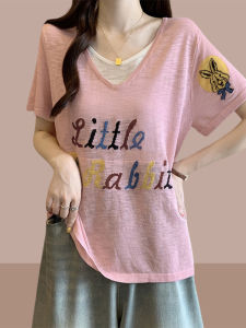 Shalldoer | Áo thun nữ tay ngắn dáng rộng cổ chữ V họa tiết chữ cái phong cách Hàn Quốc mùa hè mới về Áo thun thường ngày cho nữ