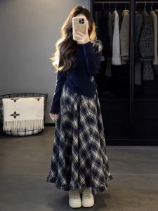 NIUVIES | Pretty Blue Long-sleeve Plaid Early Autumn Dress Set