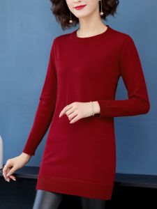 เสื้อสเวตเตอร์ถักผ้าขนสัตว์คอตตอนแบบสวมหัวสไตล์เกาหลีสำหรับผู้หญิง ทรงหลวม กระโปรงทรงเอยาวปานกลาง แขนยาว ฤดูใบไม้ร่วง/ฤดูหนาว