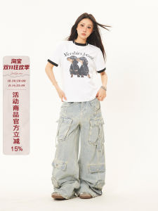 ZHL Studio American Retro Dog Print Color Block Short Sleeve T-Shirt Women Casual Versatile Design Trendy round Neck Top