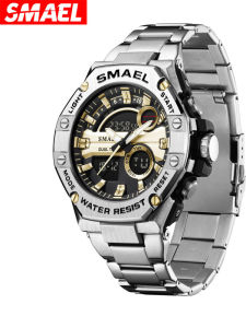 SMAEL Stainless Steel Mens Waterproof Electronic Watch Dual Display Multi-Function Trendy Leisure Style with Calendar