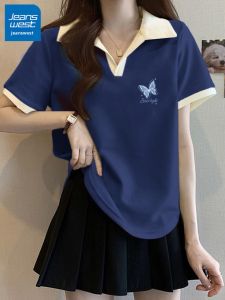 Jeanswest | Navy Polo-collar Cotton T-shirt for Women