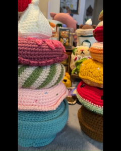 "Matthea Interactive Toys” Base: W:10cm H: 32cm Watermelon: W: 14cm H:3cm Pineapple 12cm Grapefruit: 11cm Apple: 10cm Kiwi: 8cm Strawberry: H: 4cm W:3.5cmWhimsical Handmade Whimsical Handmade  Interactive Toys~ Artisanal Crochet Creati