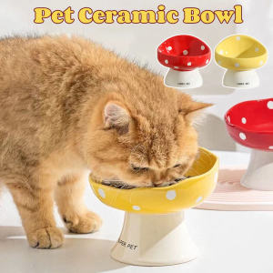 Pet Ceramic Bowl Mushroom Shaped Cat Drinking Bowl Protect Cervical Spine High Feet Oblique Dog Bowl