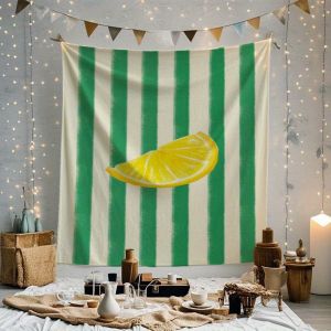 VIKAMA Fresh Lemon Stripe Tapestry Fruit Slice Green & White Dining Room Feature Wall Kitchen Decor Instagram Style