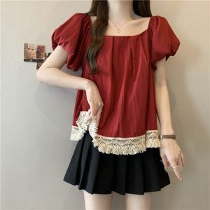 French Style Ruffle Sleeve Chiffon Shirt Womens Lace Trim Slimming Top Bubble Sleeve Summer Fashion plus Size Korean Style