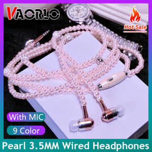 VAORLO Hot Deals Pearl Necklace Earphone Original High Quality 3.5mm In-Ear Pink Rhinestone Necklace Jewelry Beads Wired Earphones Handfree Headphone With Mic For Android Samsung Xiaomi OPPO Brithday Girls Gifts Universal Headset