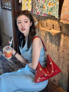 Red Rivet Underarm Single Shoulder Bag for Women New 2025 Summer Luxury Bride Wedding Bag Soft Handbag Korean Style
