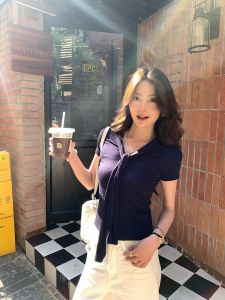 Slimming Design Blue T-Shirt Womens Short Sleeve V-Neck Casual Style Commute Wear Summer New Style Unique Korean Style