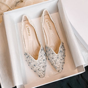 Pointed Toe Flat Bottom Single Shoes for Women Korean Style Shiny Particle Lining Material Easy to Wear Daily Use Rubber Sole