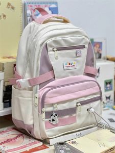 Retro Style Casual Backpack for Girls High School Student Bookbag Harajuku Color Block Shoulder Bag Large Capacity Waterproof