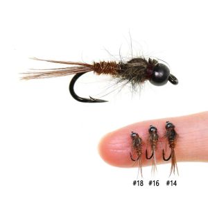 Bimoo 6PCS #14 #16 #18 Brass Bead Head Pheasant Tail Nymph Hares Ear Fast Sinking Wet Fly Trout Bass Grayling Fly Fishing Lures
