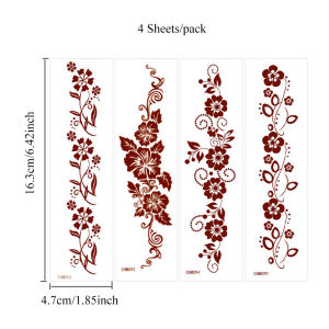 4pcs Waterproof Brown Henna Tattoo Stickers for Women Flower Temporary Tattoos Fake Tattoo for Hand Foot Festival Body Wear
