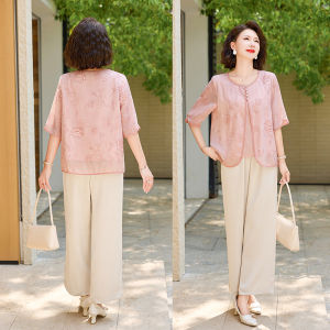 ชุดแฟชั่นฤดูร้อนสำหรับคุณแม่วัยกลางคน เสื้อแขนสั้นทรงสลิมฟิต ชุดสองชิ้น ผ้าโพลีเอสเตอร์ คอตตอน ปักลาย กระดุมเดียว